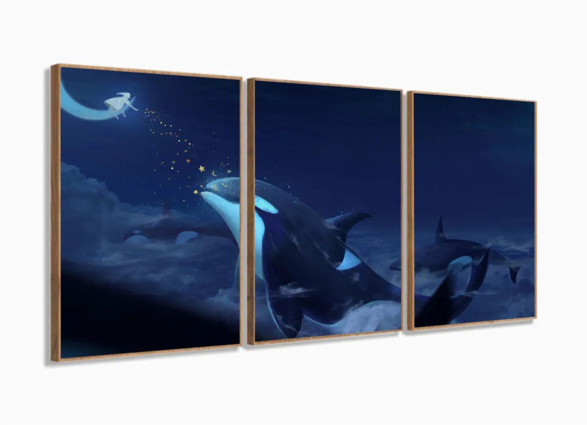 Quadro Decorativo Baleia 3 partes 120x60 em tecido com moldura filete Imagem