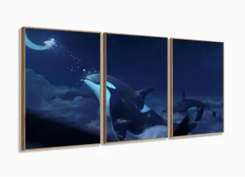 Quadro Decorativo Baleia 3 partes 120x60 em tecido com moldura filete