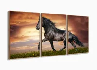 Quadro Decorativo Cavalo Artístico Paisagem Tecido 3 Peças com moldura filete