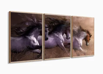 Quadro Decorativo Cavalos 3 Partes 120x60  Em Tecido com moldura filete