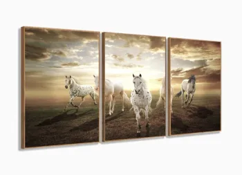 Quadro Decorativo Cavalos 3 Partes 120x60  Em Tecido sala com moldura filete