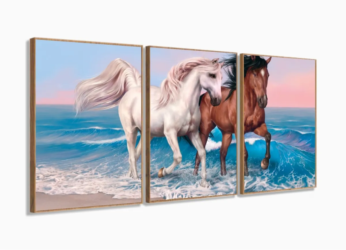 Quadro decorativo Cavalos Branco e Marrom Arte 120x60 mosaico 3 peças em tecido com moldura filete Imagem