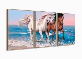 Quadro decorativo Cavalos Branco e Marrom Arte 120x60 mosaico 3 peças em tecido com moldura filete