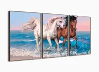 Quadro decorativo Cavalos Branco e Marrom Arte 120x60 mosaico 3 peças em tecido com moldura filete - Foto 2