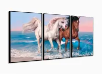 Quadro decorativo Cavalos Branco e Marrom Arte 120x60 mosaico 3 peças em tecido com moldura filete - Foto 3