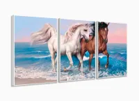 Quadro decorativo Cavalos Branco e Marrom Arte 120x60 mosaico 3 peças em tecido com moldura filete - Foto 4