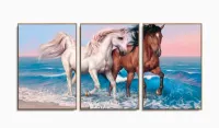 Quadro decorativo Cavalos Branco e Marrom Arte 120x60 mosaico 3 peças em tecido com moldura filete - Foto 6