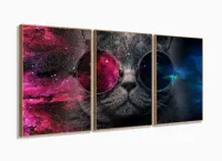 Quadro Decorativo Gato Pisicodelico Óculos 3 peças 120x60 com moldura filete