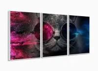 Quadro Decorativo Gato Pisicodelico Óculos 3 peças 120x60 com moldura filete - Foto 4