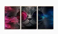 Quadro Decorativo Gato Pisicodelico Óculos 3 peças 120x60 com moldura filete - Foto 6