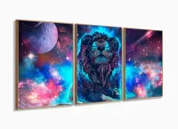Quadro Decorativo Leão do Universo Em Tecido120x60 3 peças com moldura filete