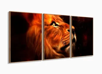 Quadro Decorativo Leão Perfil Aquarela Hd 120x60 3 peças sala quarto com moldura filete