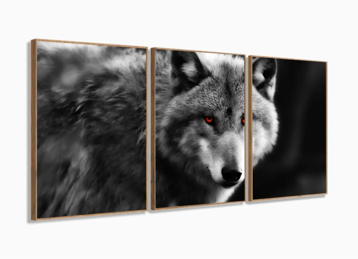 Quadro Decorativo Lobo Preto e Branco 120x60 3 peças sala quarto com moldura filete Imagem