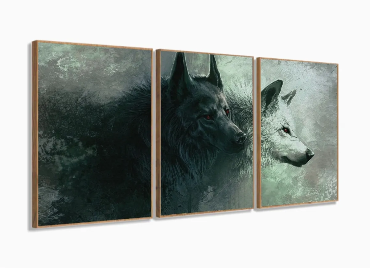 Quadro Decorativo Lobo Uivando Mosaico Em Tecido 3 Peças M03 com moldura filete Imagem