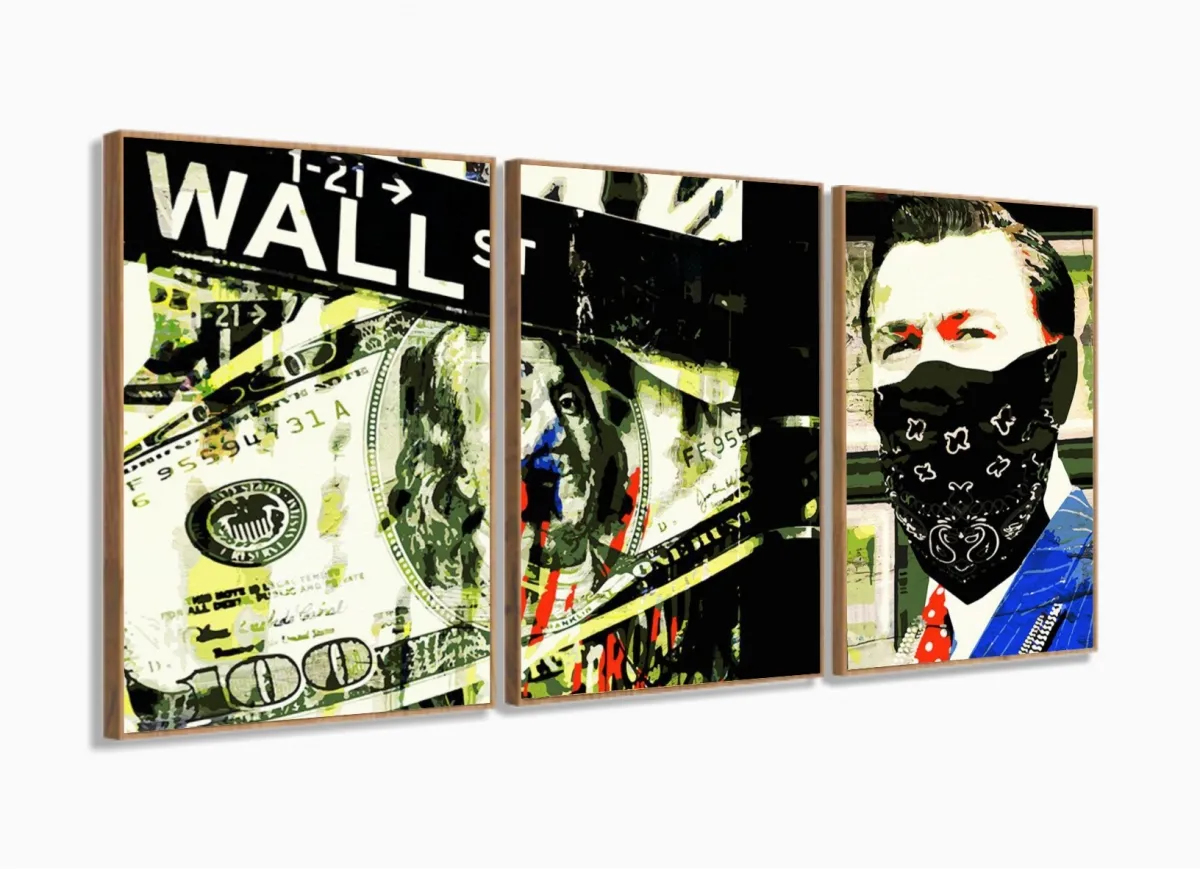 Quadro Decorativo Lobo Wall Street 3 Peças 120x60 Mosaico com moldura filete Imagem