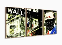 Quadro Decorativo Lobo Wall Street 3 Peças 120x60 Mosaico com moldura filete