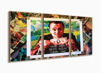 Quadro Decorativo Lobo Wall Street Dólar 3 peças 120x60 com moldura filete