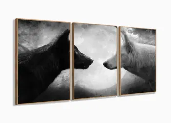 Quadro Decorativo Lobos Preto e Branco 120x60 3 peças sala com moldura filete