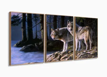 Quadro Decorativo Paisagem Lobos Escritório Tecido 3 Peças 120x60 com moldura filete