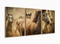 Quadro Decorativo Sala Quarto Cavalos 3 pç 120x60 com moldura filete