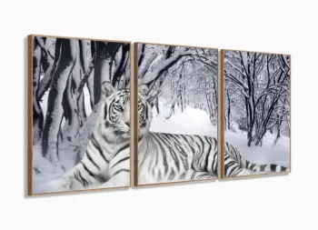 Quadro Decorativo Tigre Branco Animais Com Tela Em Tecido 120x60 mosaico 3 peças em tecido com moldura filete