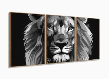 Quadro leão de Juda Preto e branco 3 peças 120x60 com moldura filete