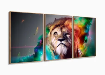Quadro Leão Moderno Colorido com Tela em Tecido 3 peças 125x60 com moldura filete