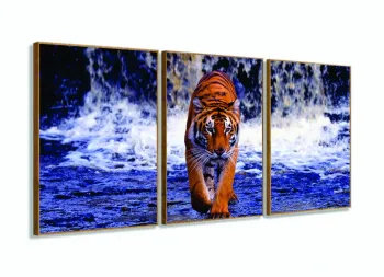 Quadro Tigre Paisagem Decorativo Tela Em Tecido 120x60 3 peças com moldura filete
