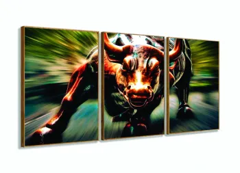 Quadro Touro de Wall Street Mosaico 3 Peças 125x60 com moldura filete