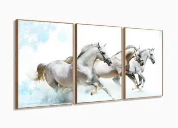 Quadros Decorativos Cavalos Brancos 120x60 3 peças em Tecido com moldura filete