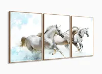 Quadros Decorativos Cavalos Brancos 120x60 3 peças em Tecido com moldura filete