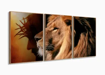 Quadros Decorativos Religioso Leão judá Quarto Sala 120x60 3 peças com moldura filete
