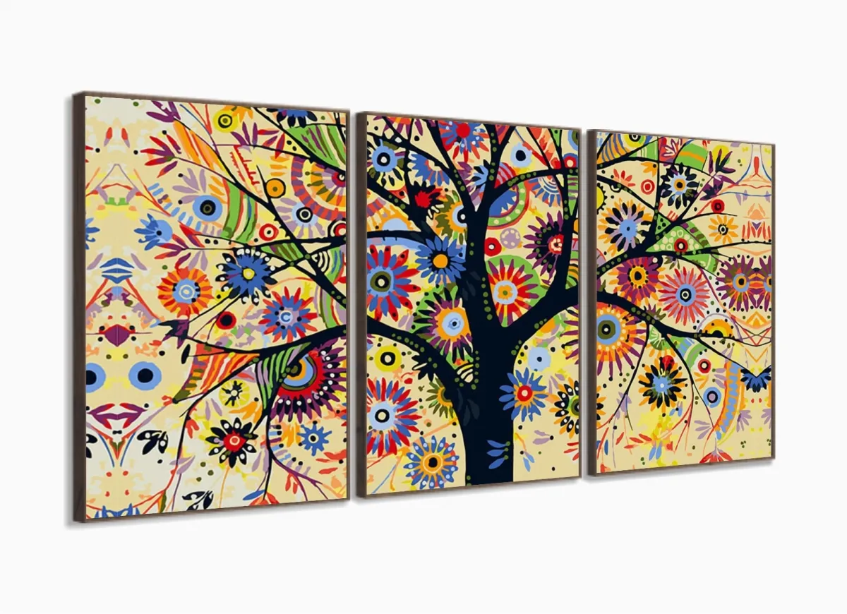Quadro Árvore Colorida Decorativo Em Tecido 3 Peças sala quarto com moldura filete Imagem