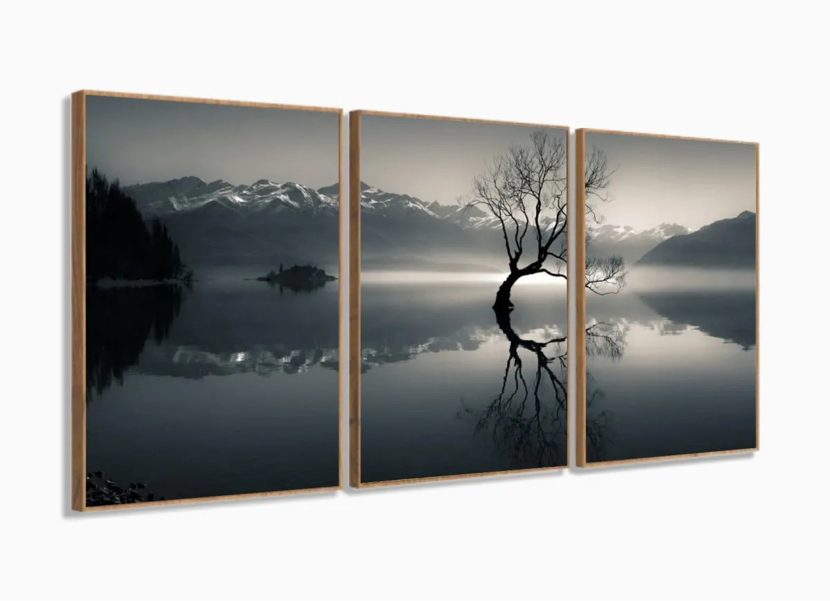 Quadro Decorativo  Arvore Seca Rio Sala Quarto 3 peças com moldura filete Imagem