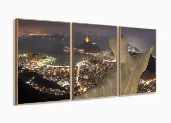 Quadro Decorativo - Cristo Redentor -Tela em Tecido 120x60 3 peças com moldura filete