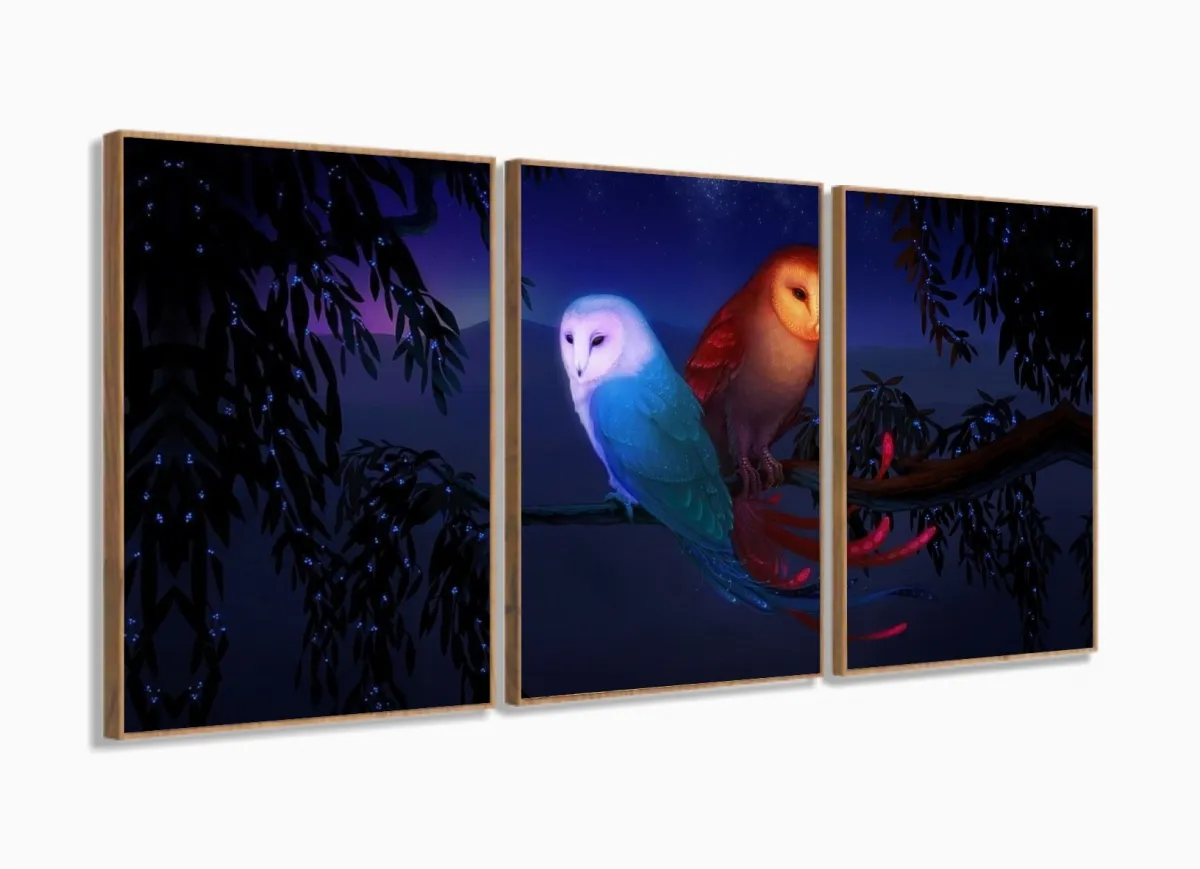 Quadro decorativo Artístico Paisagem Corujas - Tela em Tecid com moldura filete Imagem