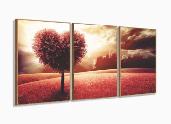 Quadro Decorativo Árvore De Coração 3 pc 120x60 Sala Quarto com moldura filete