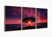 Quadro Decorativo Arvore Por do Sol 3 peças 120x60 sala com moldura filete