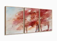 Quadro Decorativo Árvores Vermelhas Sala Em Tecido 3 Peças com moldura filete