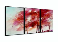 Quadro Decorativo Árvores Vermelhas Sala Em Tecido 3 Peças com moldura filete - Foto 3