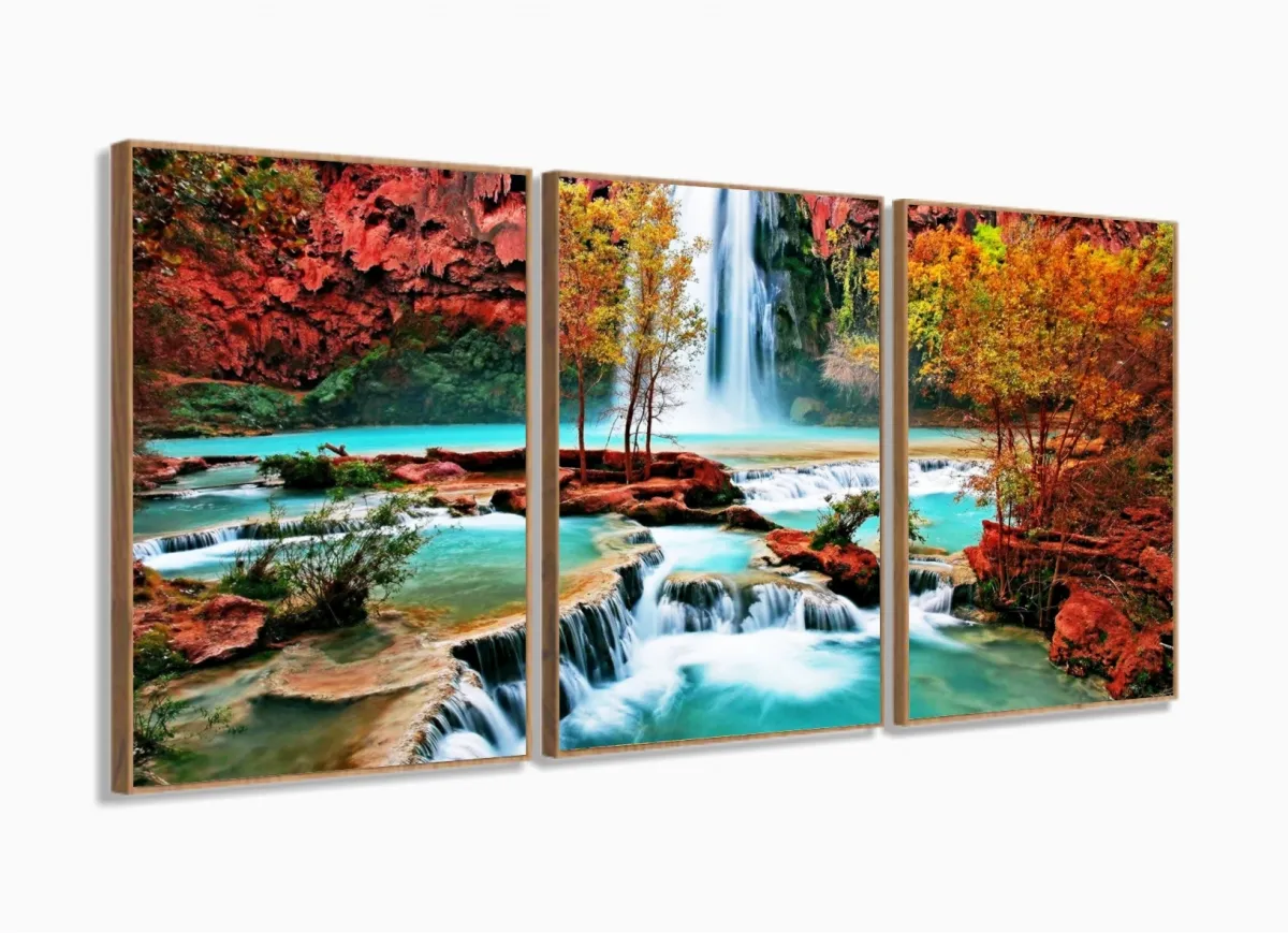Quadro Decorativo Cachoeira Azul 120x60 em tecido com moldura filete Imagem
