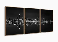 Quadro Decorativo Cidade Branco Preto 120x60 3 peças Sala Quarto com moldura filete