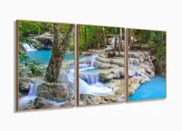 Quadro Decorativo Fluxo De Cachoeira Azul 120x60 3 peças Sala Quarto com moldura filete