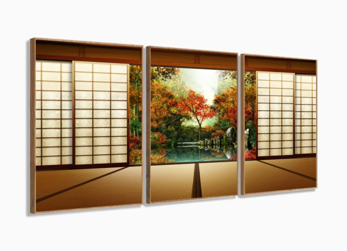 Quadro Decorativo Janela do Japão 120x60 3 peças em tecido com moldura filete Imagem