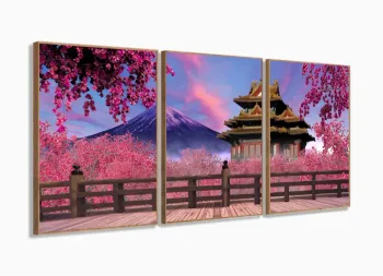 Quadro Decorativo Japão Sakura Fuji 120x60 3pç com moldura filete