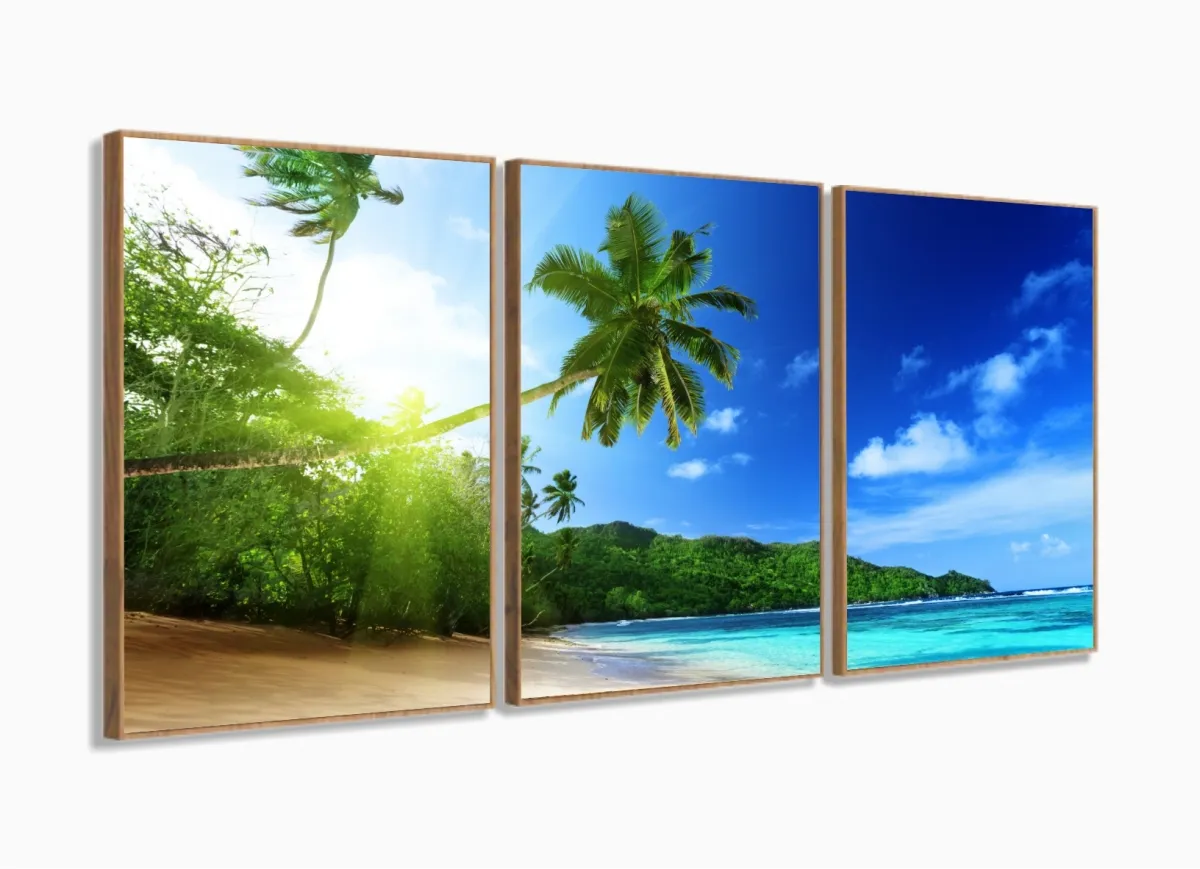 Quadro Decorativo Mar Coqueiro Paisagem 120x60 3 pç com moldura filete Imagem