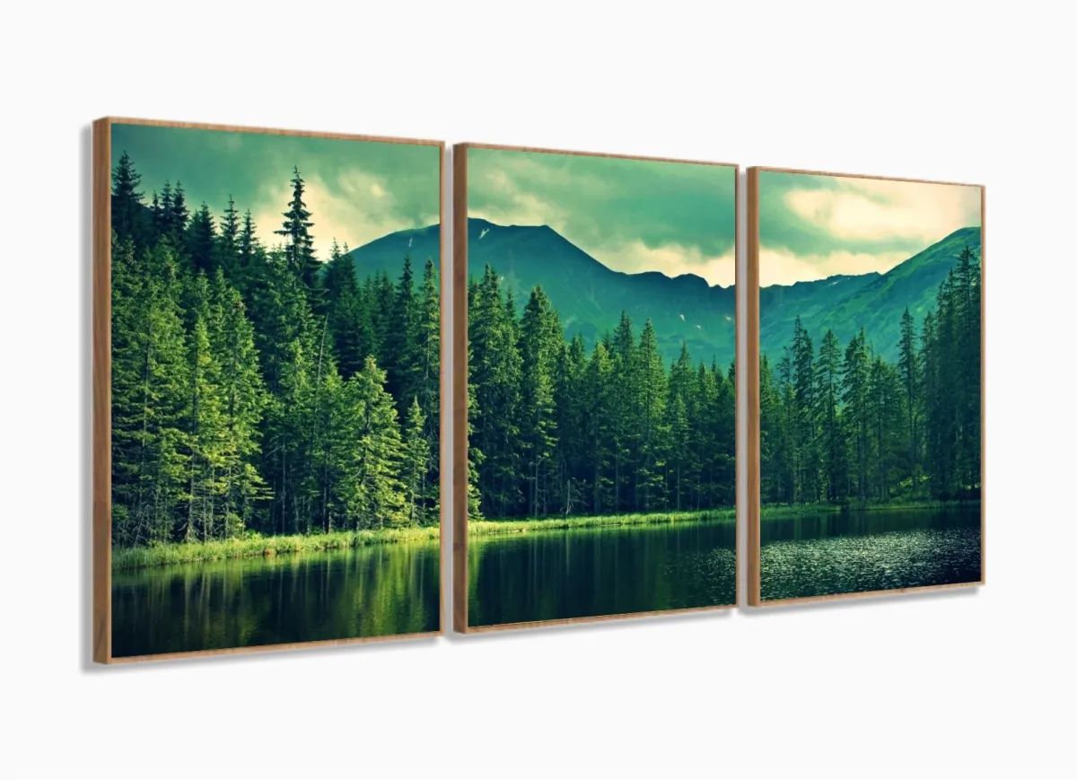 Quadro Decorativo Natureza 2 Peças Em Tecido 120x60 mosaico 3 peças em tecido com moldura filete Imagem