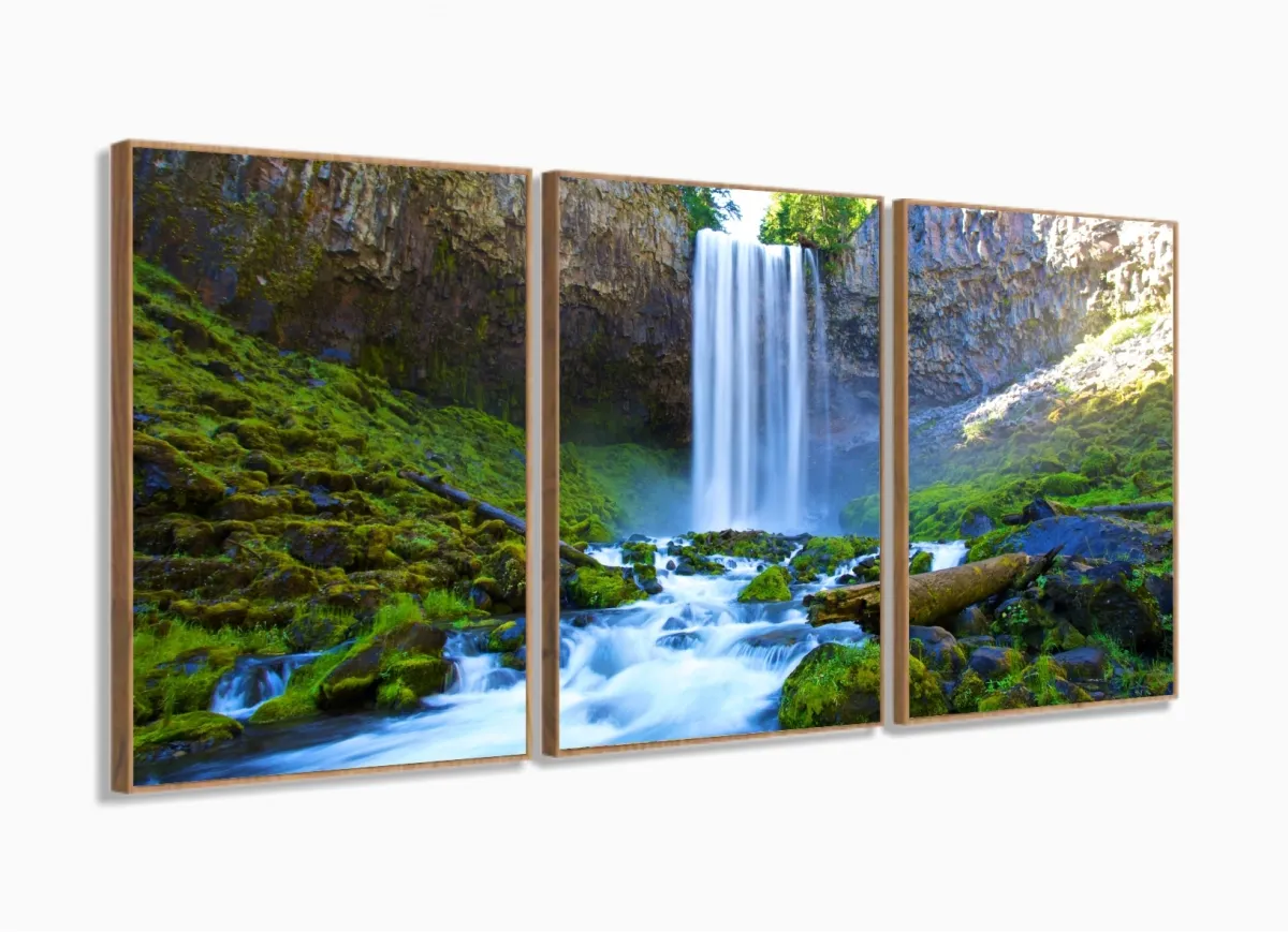 Quadro Decorativo Natureza Cachoeira Em Tecido 3 Peças com moldura filete Imagem