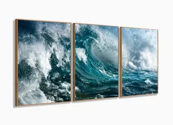 Quadro Decorativo Onda Mar Azul 120x60 3 peças sala quarto com moldura filete