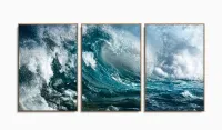 Quadro Decorativo Onda Mar Azul 120x60 3 peças sala quarto com moldura filete - Foto 6